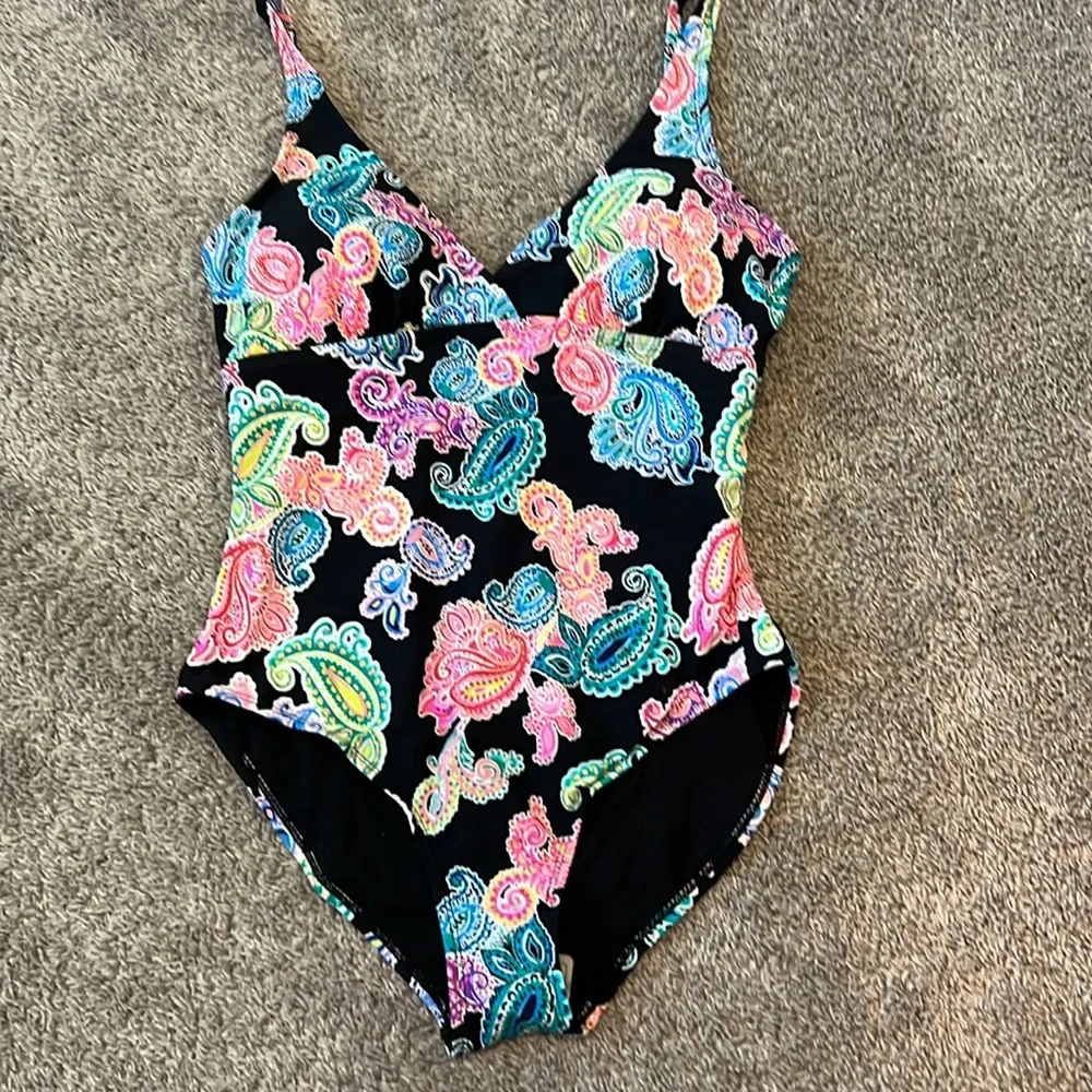 NWT $59 Leilani Poolside Paisley Kauai One Piece Swimsuit 12 Black Colorful New‎